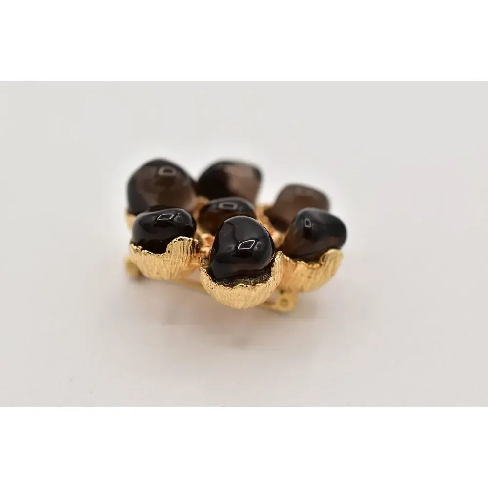 Vintage Cabochon Pin Brooch Black Black Gold Tone Chunky Floral 1990s BinB